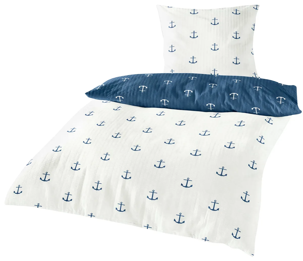 Wende-Bettwäsche aus Seersucker mit Anker-Muster, weiß und marineblau, mit Kissen