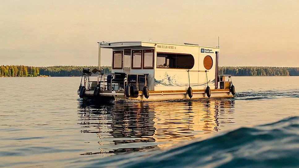 Das Hausboot unterwegs auf dem See im Abendlicht
