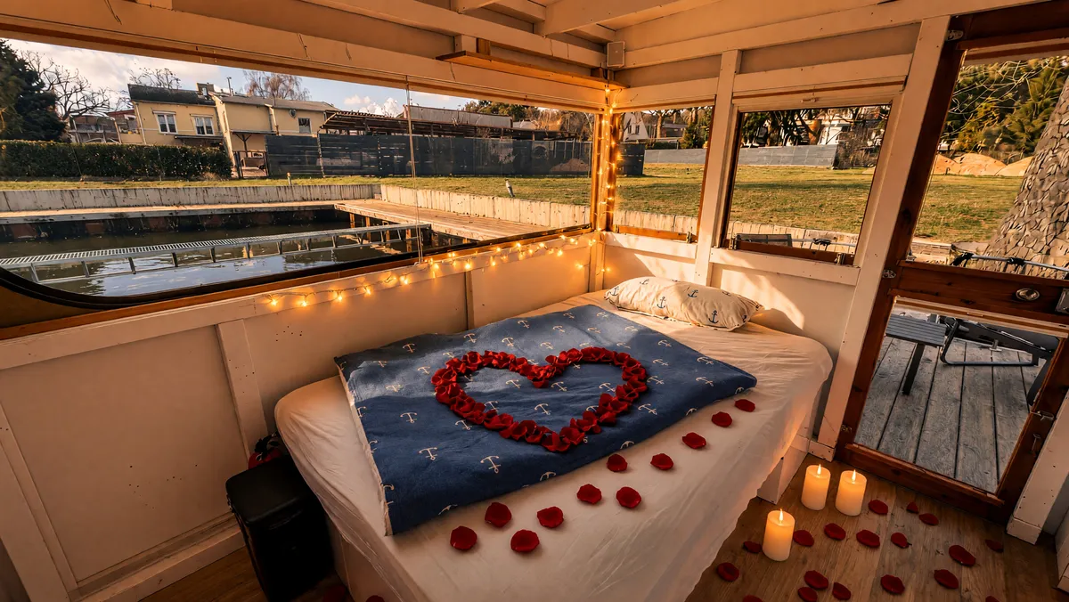 Queensize-Bett an Bord mit Herz aus Rosenblüten, Lichterkette und LED-Kerzen (Beispielbild, mit KI aus einem Foto des Boots bearbeitet)