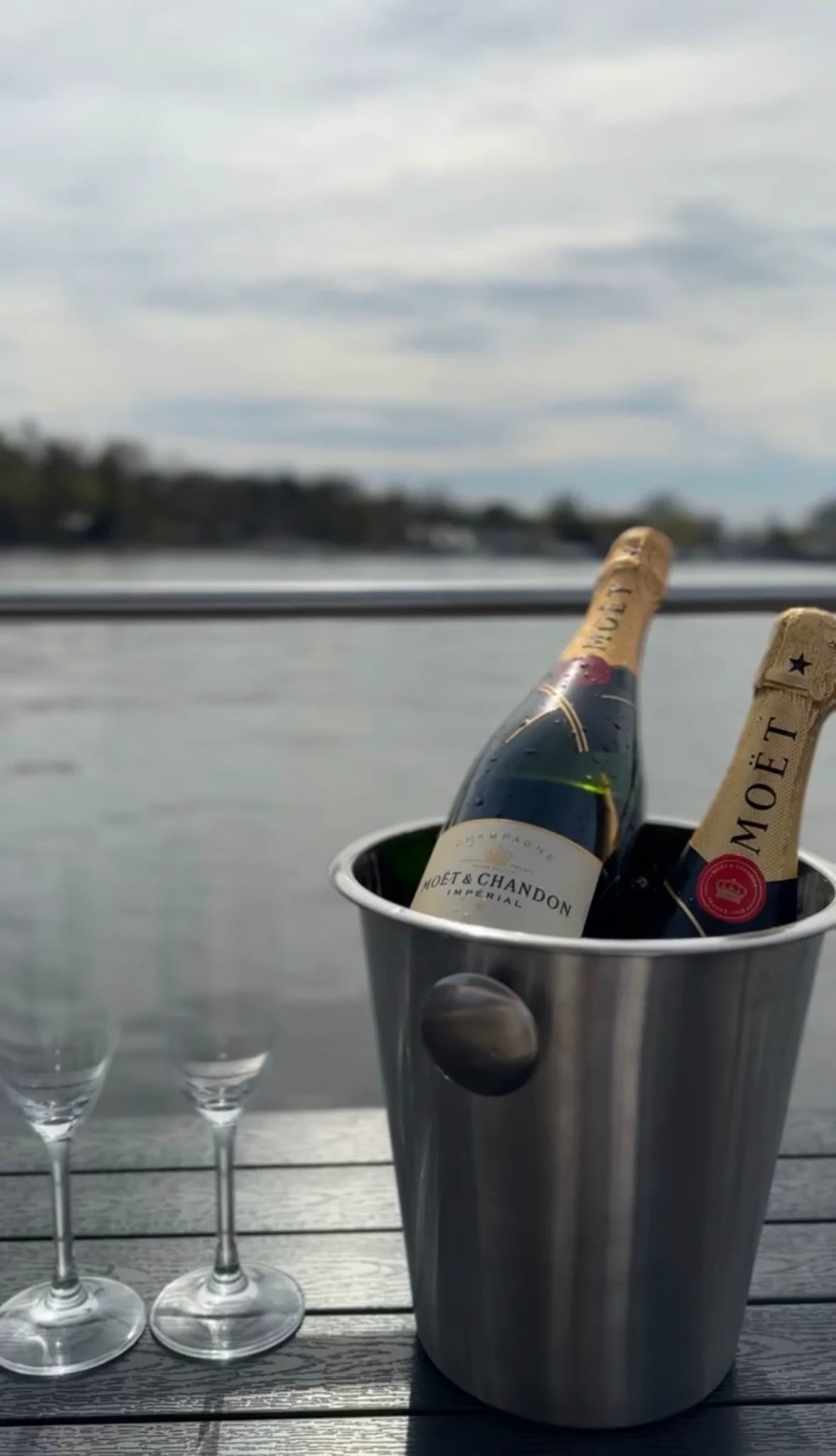 Champagner im Kühler mit Gläsern, dahinter der See